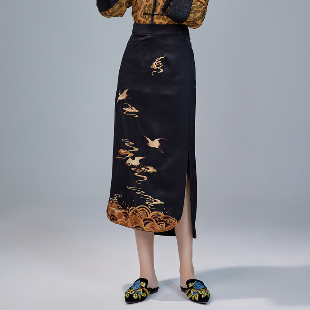 Moyu 2024 Spring Summer New Chinese Style Original Retro Embroidery Improved Cheongsam Skirt Medium Long Chinese Half length Skirt image 13