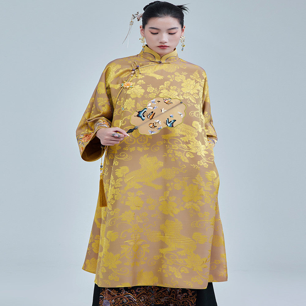 Moyu 2024 Autumn New Chinese Style High end Jacquard Satin Embroidered Large Size Cheongsam New Chinese Retro Dress image 4