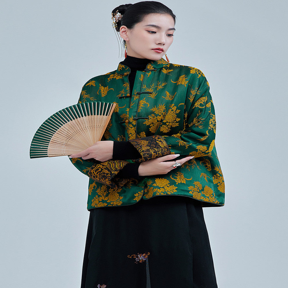 Moyu 2024 autumn and winter new Chinese style jacquard satin improved new Chinese tea service jacket retro Tang suit top image 1