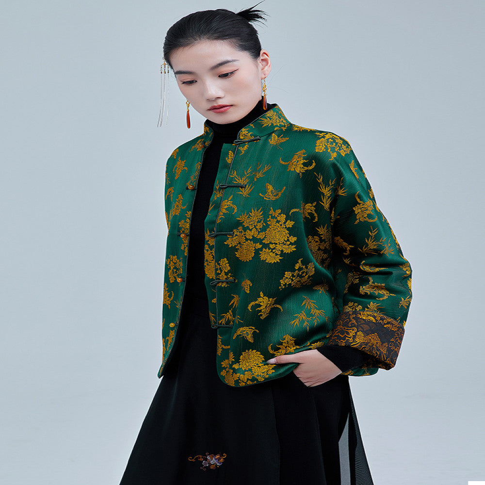 Moyu 2024 autumn and winter new Chinese style jacquard satin improved new Chinese tea service jacket retro Tang suit top image 2