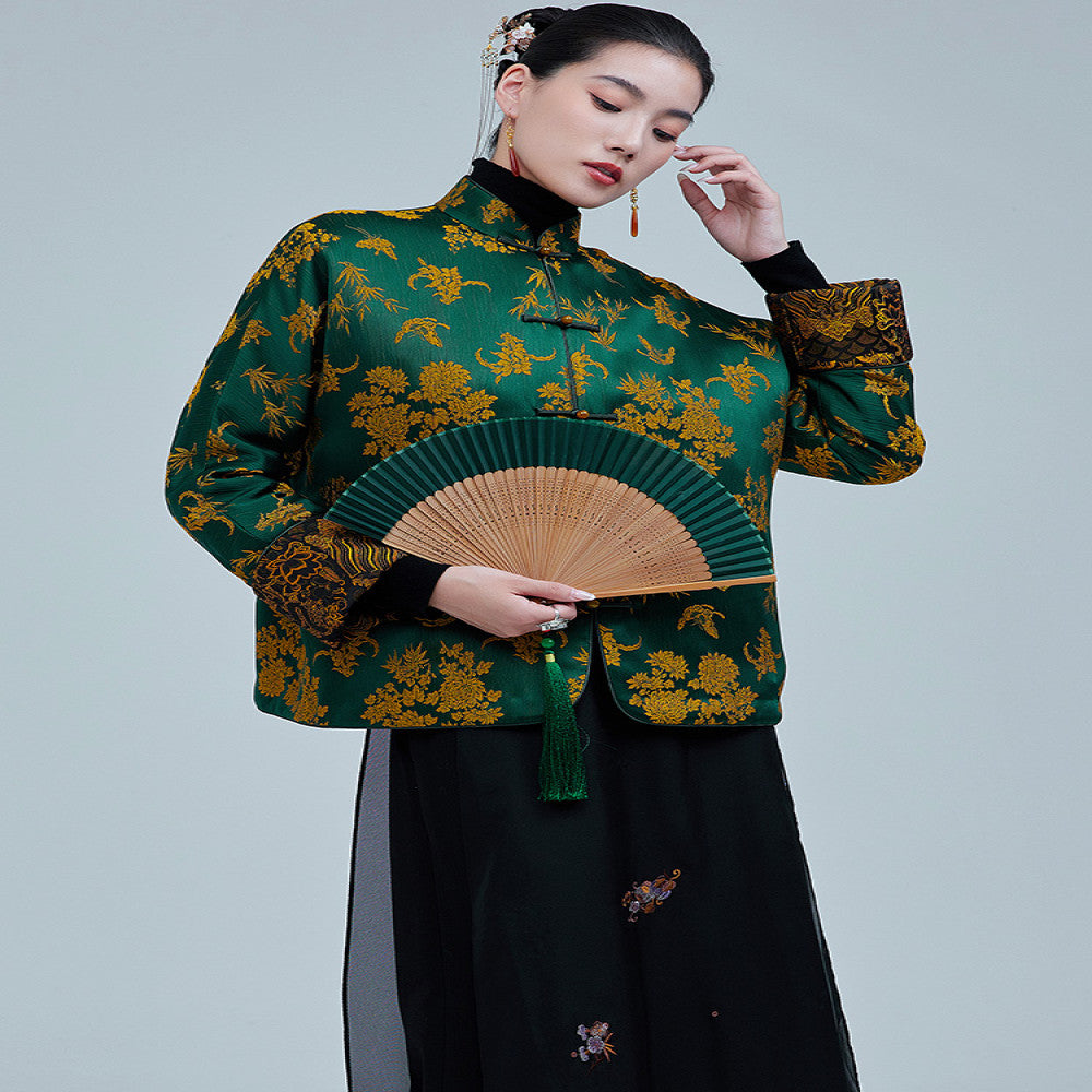 Moyu 2024 autumn and winter new Chinese style jacquard satin improved new Chinese tea service jacket retro Tang suit top image 4