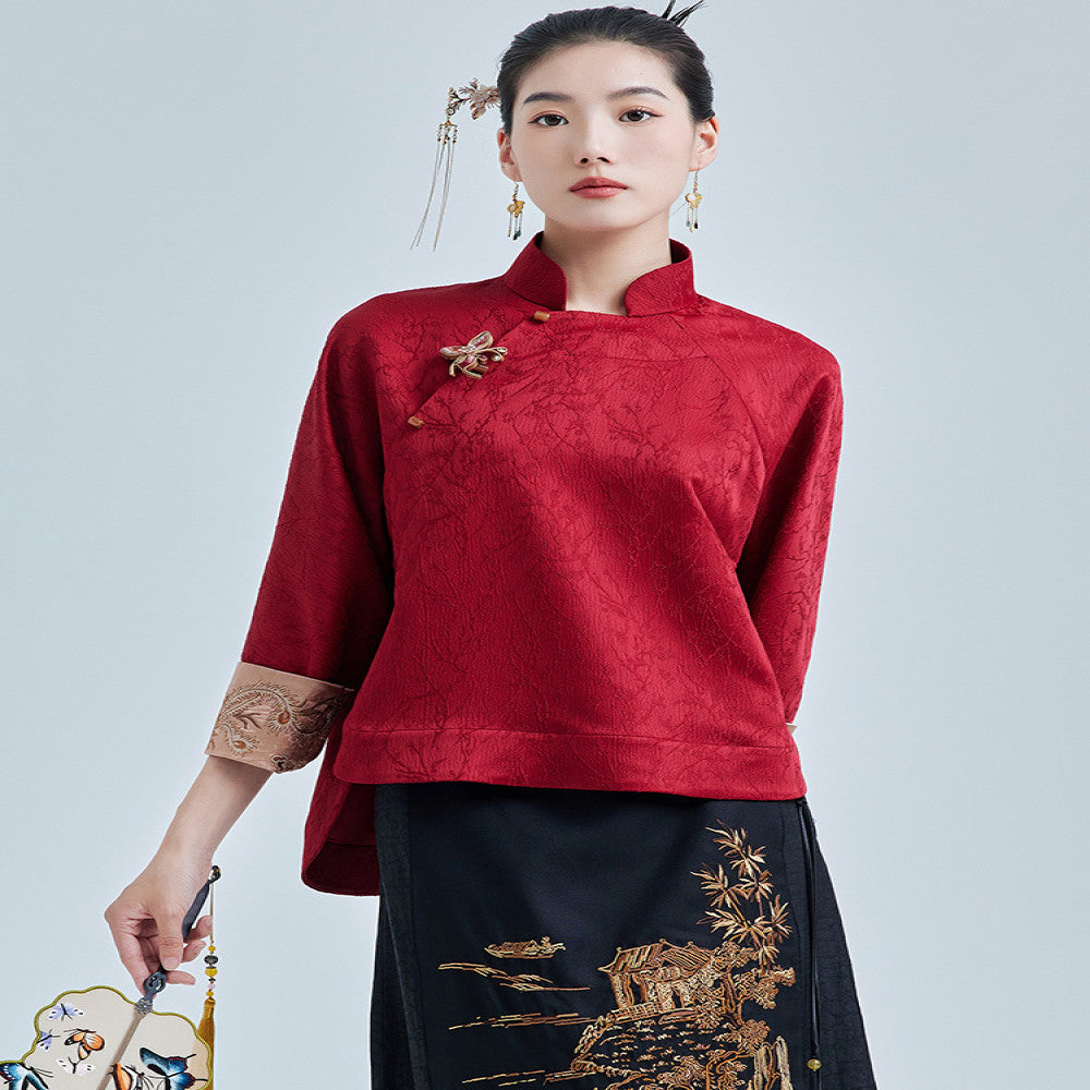 Moyu 2024 Autumn New Style Republic of China Style Improved Elegant Jacquard Satin Embroidered New Chinese Red Tang Costume Top image 2