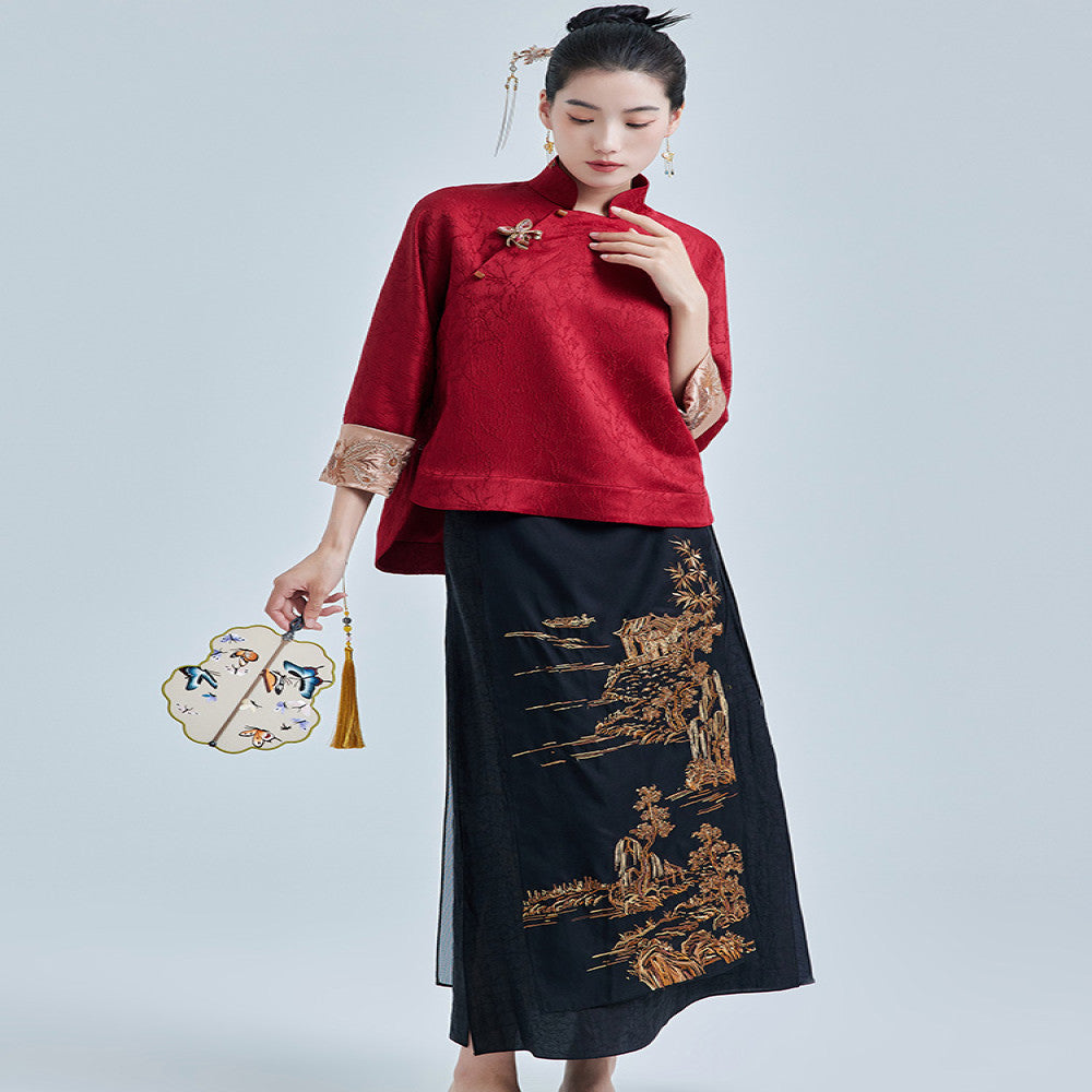 Moyu 2024 Autumn New Style Republic of China Style Improved Elegant Jacquard Satin Embroidered New Chinese Red Tang Costume Top image 3