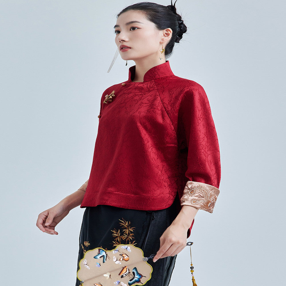 Moyu 2024 Autumn New Style Republic of China Style Improved Elegant Jacquard Satin Embroidered New Chinese Red Tang Costume Top image 4