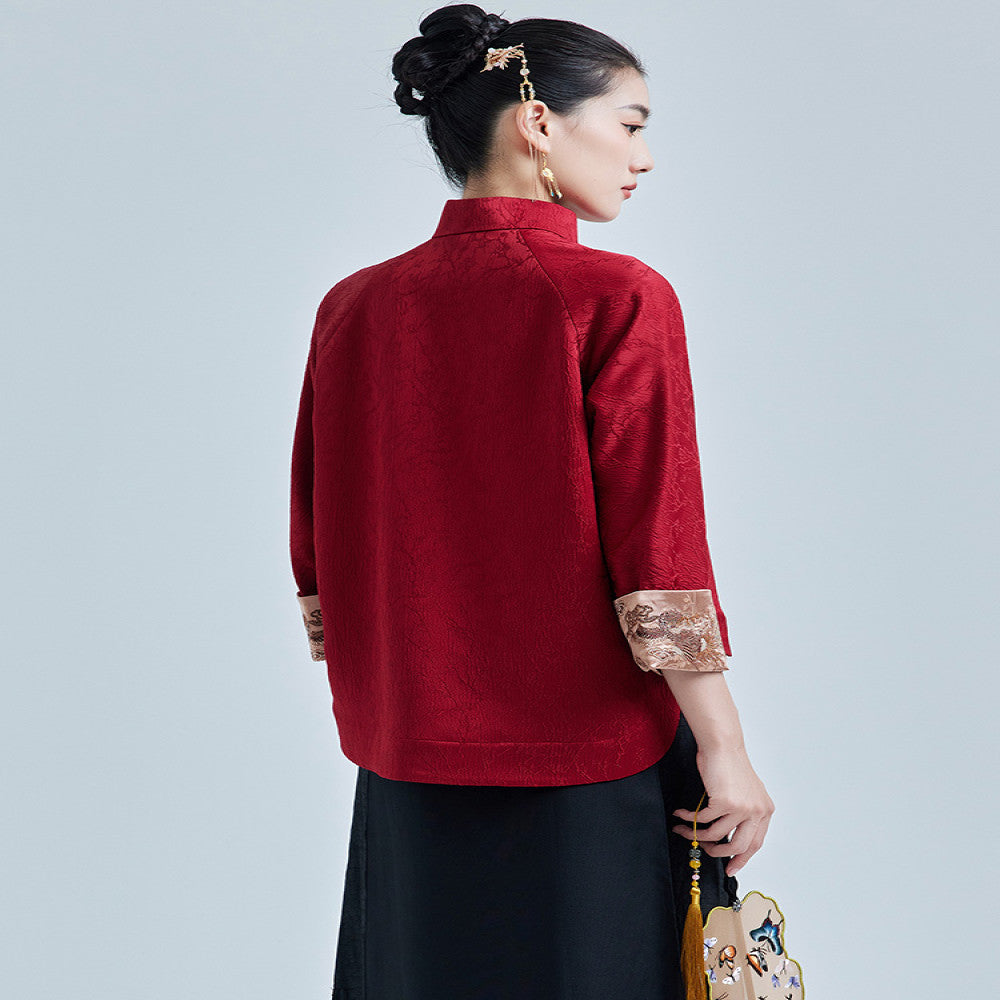 Moyu 2024 Autumn New Style Republic of China Style Improved Elegant Jacquard Satin Embroidered New Chinese Red Tang Costume Top image 5