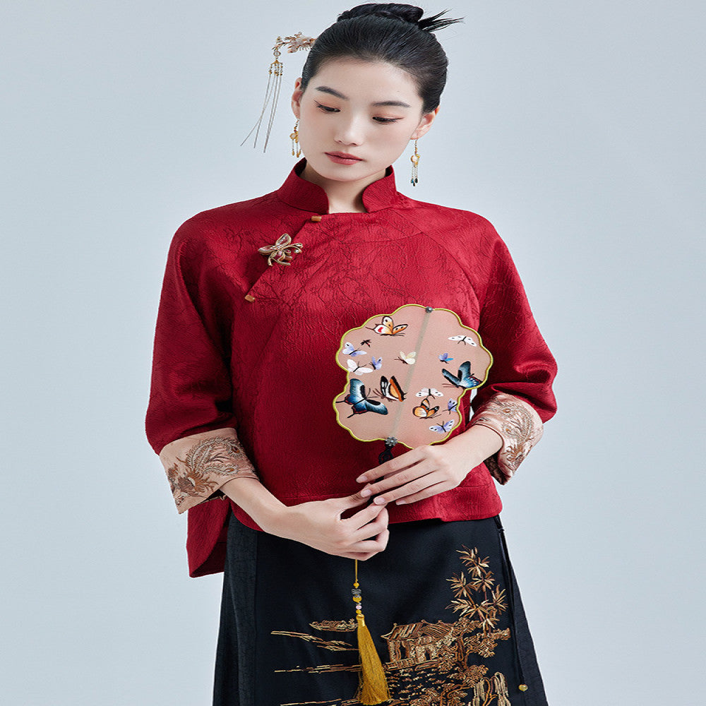 Moyu 2024 Autumn New Style Republic of China Style Improved Elegant Jacquard Satin Embroidered New Chinese Red Tang Costume Top image 0