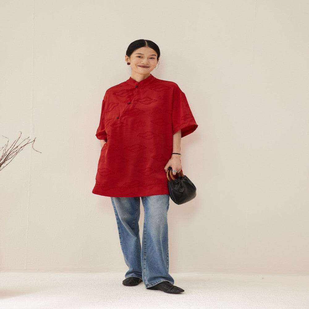 TAORAN New Chinese Style Zen Women s Wear Red High Grade Pan Button Shirt Summer Satin Jacquard Top for Women image 14