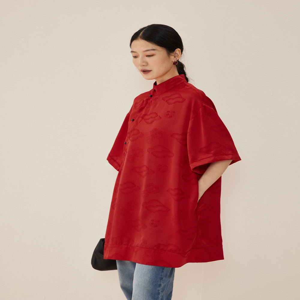 TAORAN New Chinese Style Zen Women s Wear Red High Grade Pan Button Shirt Summer Satin Jacquard Top for Women image 1