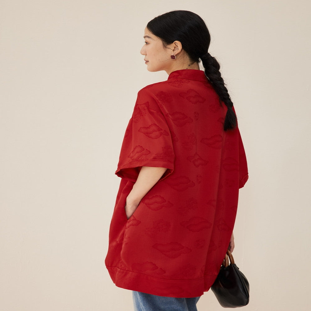 TAORAN New Chinese Style Zen Women s Wear Red High Grade Pan Button Shirt Summer Satin Jacquard Top for Women image 3