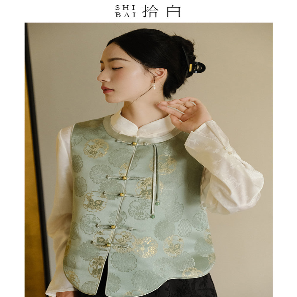 SHIBAI White Moon Under Guitu New Chinese style Vest Original Chinese Style Women s Pink Zen style Pan buttoned Top image 3