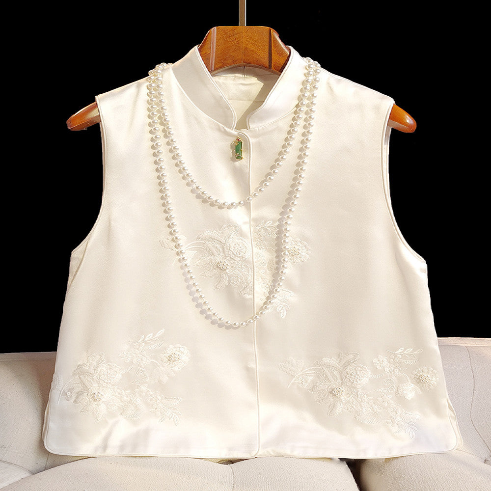 Advanced sense of acetic acid new Chinese style vest for women design sense of jade bamboo buckle nail bead embroidery top jacket image 1
