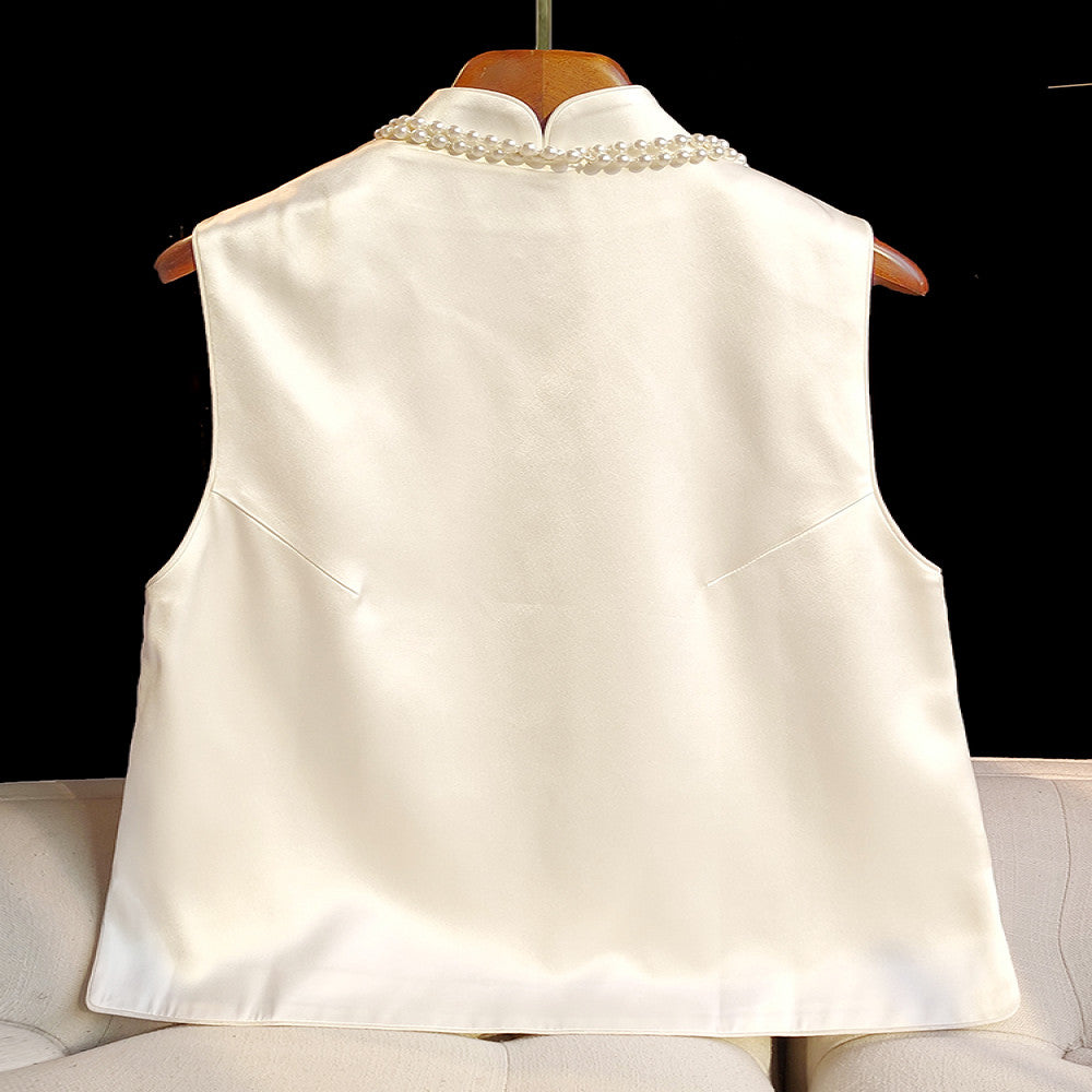 Advanced sense of acetic acid new Chinese style vest for women design sense of jade bamboo buckle nail bead embroidery top jacket image 2