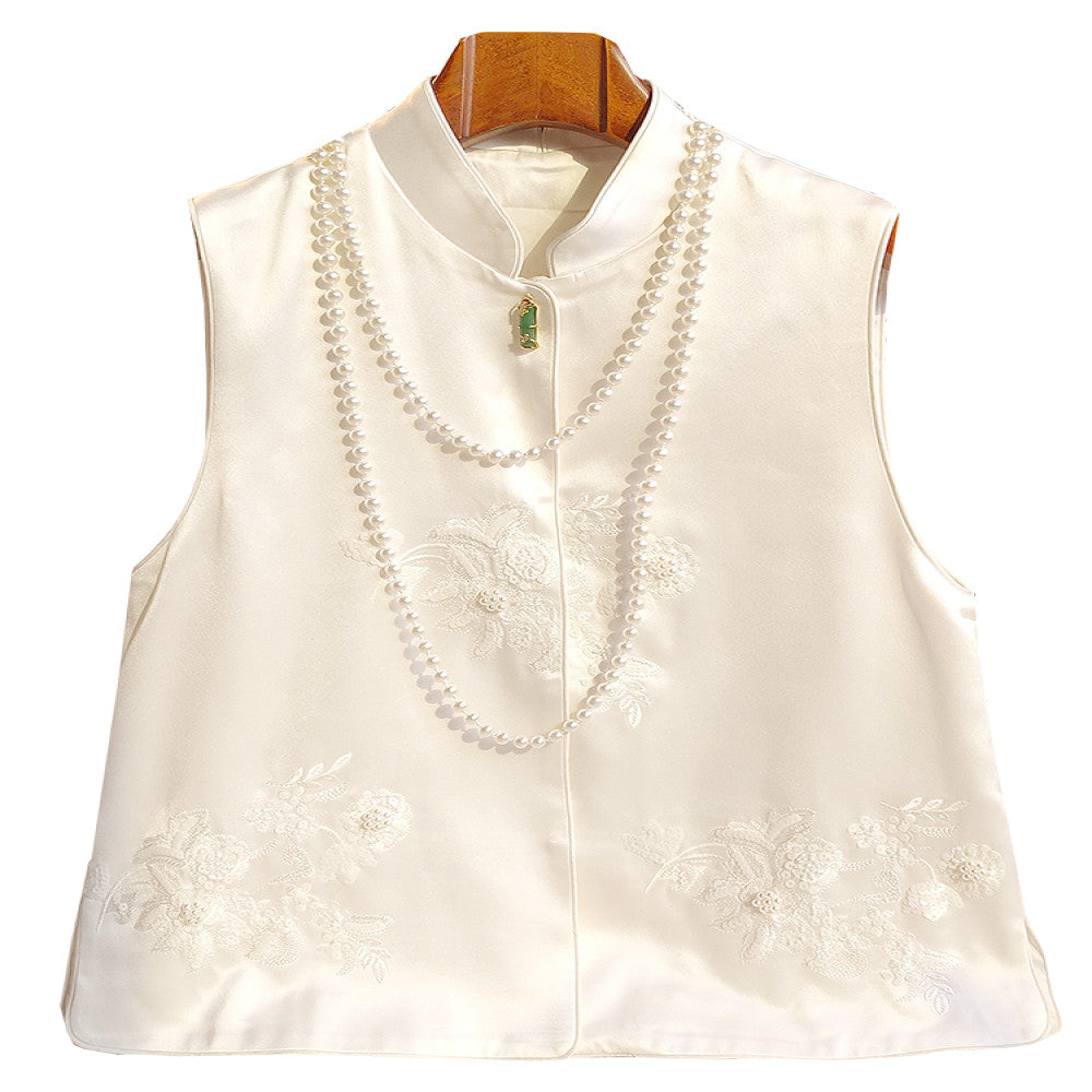 Advanced sense of acetic acid new Chinese style vest for women design sense of jade bamboo buckle nail bead embroidery top jacket image 5