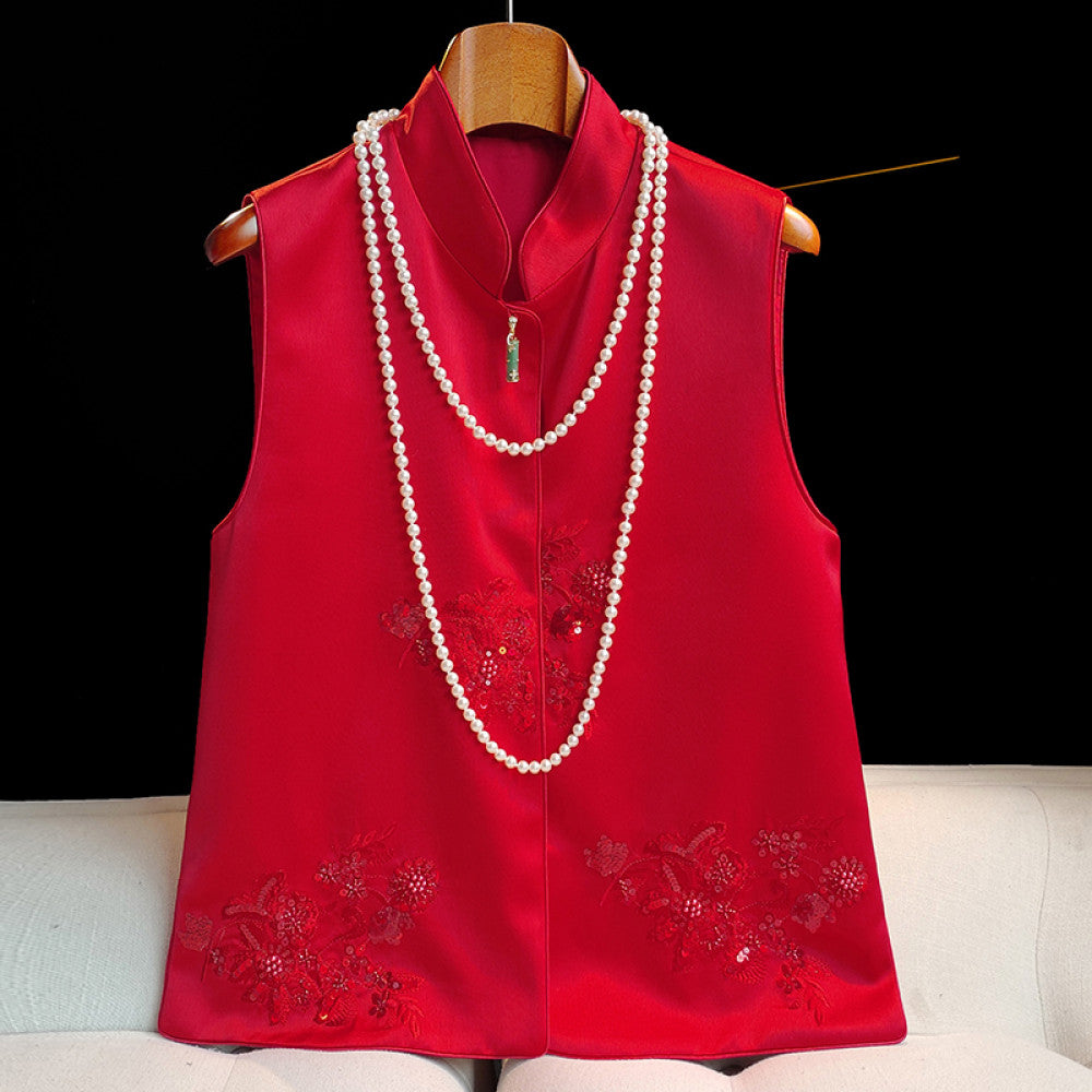 Advanced sense of acetic acid new Chinese style vest for women design sense of jade bamboo buckle nail bead embroidery top jacket image 12