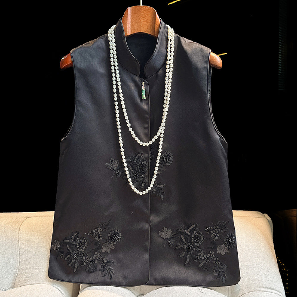 Advanced sense of acetic acid new Chinese style vest for women design sense of jade bamboo buckle nail bead embroidery top jacket image 28