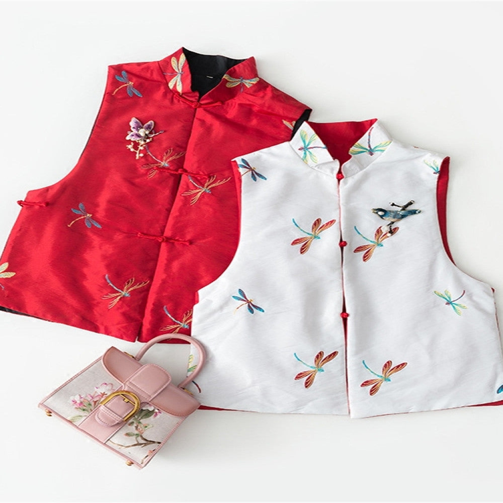 Zhendian Baby TL017 Double sided Wearing Spring and Autumn New Chinese Style Imitation Taisi Dragonfly Embroidery Standing Collar Cotton Temperament Vest Girl image 5