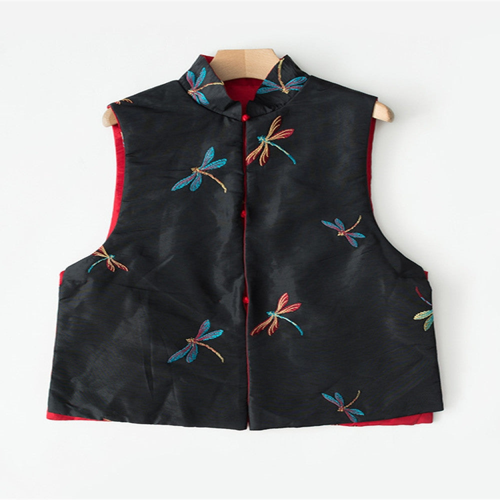 Zhendian Baby TL017 Double sided Wearing Spring and Autumn New Chinese Style Imitation Taisi Dragonfly Embroidery Standing Collar Cotton Temperament Vest Girl image 6