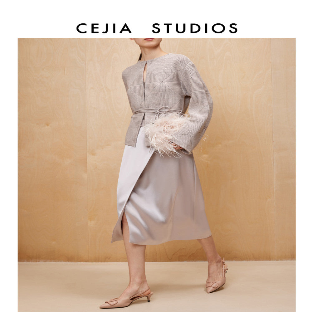 CEJIA Tin Ash Heavy Weight Coarse Needle Waist Strap Wool Knitted Cardigan Women s Sweater Jacket 2025 Autumn New Collection image 1