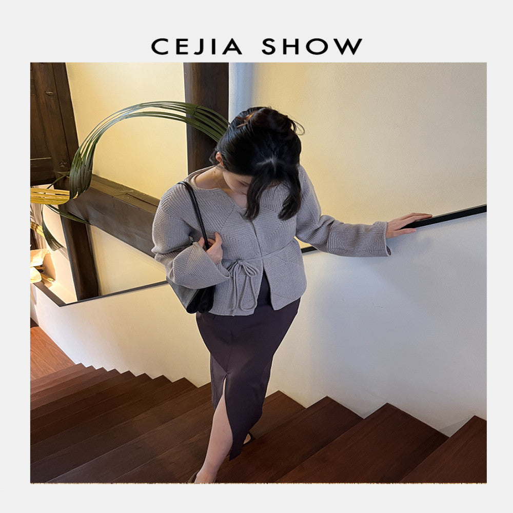 CEJIA Tin Ash Heavy Weight Coarse Needle Waist Strap Wool Knitted Cardigan Women s Sweater Jacket 2025 Autumn New Collection image 3