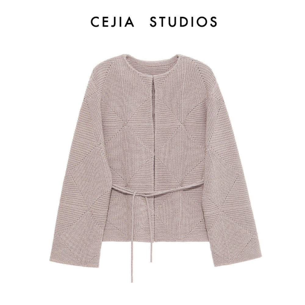 CEJIA Tin Ash Heavy Weight Coarse Needle Waist Strap Wool Knitted Cardigan Women s Sweater Jacket 2025 Autumn New Collection image 10