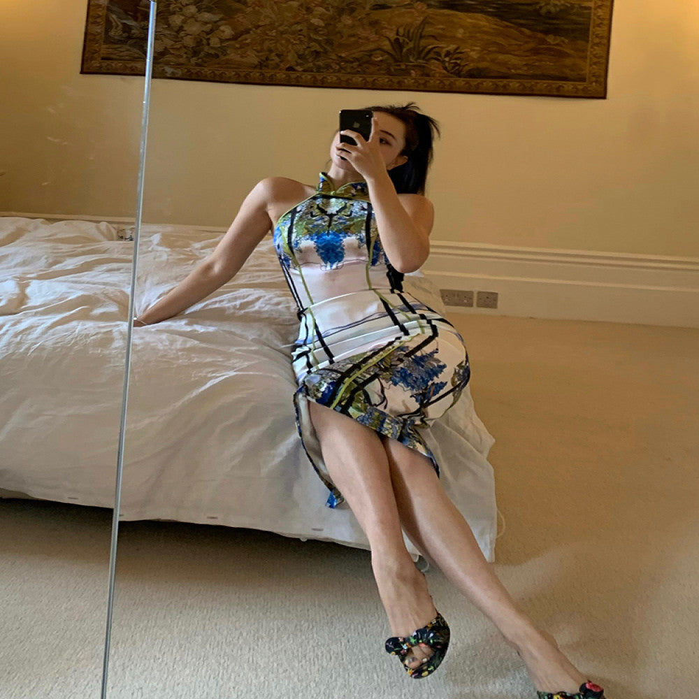 Xiaoli Wisteria Flower Window New Chinese Style Improved Cheongsam Dress Spring Chinese Style Design Waist Bag Hip Long Dress image 4