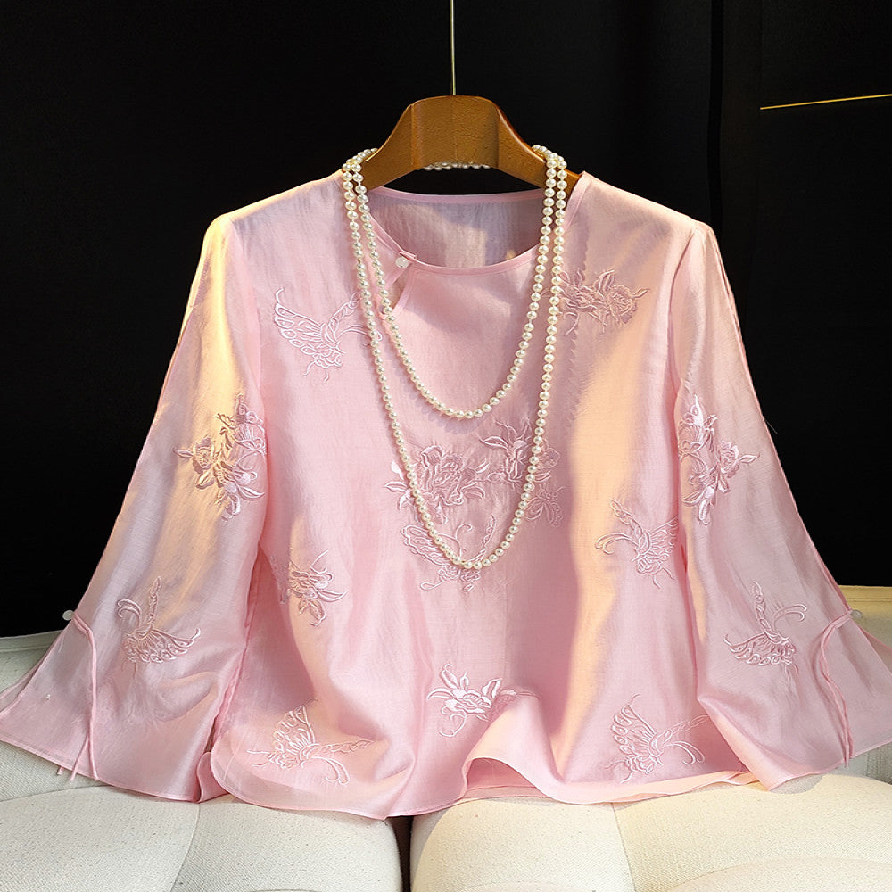 White improved new Chinese style round neck shirt with a female design sense niche retro button embroidery Chinese style casual shirt trend image 2