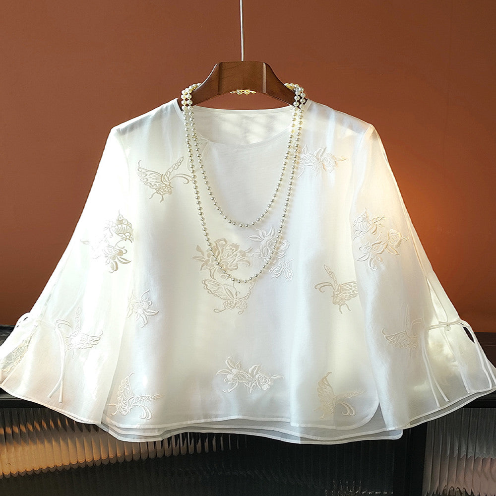 White improved new Chinese style round neck shirt with a female design sense niche retro button embroidery Chinese style casual shirt trend image 0