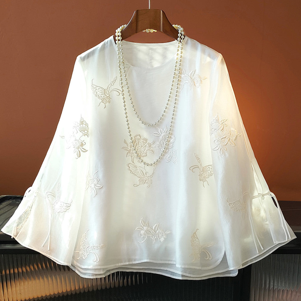 White improved new Chinese style round neck shirt with a female design sense niche retro button embroidery Chinese style casual shirt trend image 23