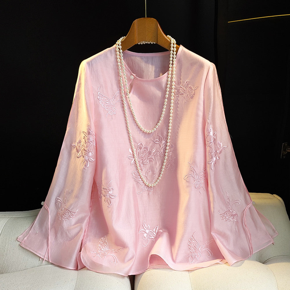 White improved new Chinese style round neck shirt with a female design sense niche retro button embroidery Chinese style casual shirt trend image 32