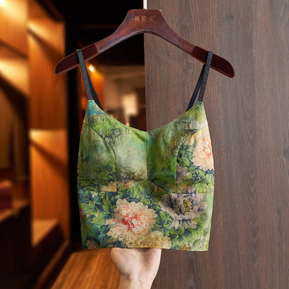 Green high end silk camisole vest 2024 new women s belt chest cushion with retro jacquard chic short top image 10