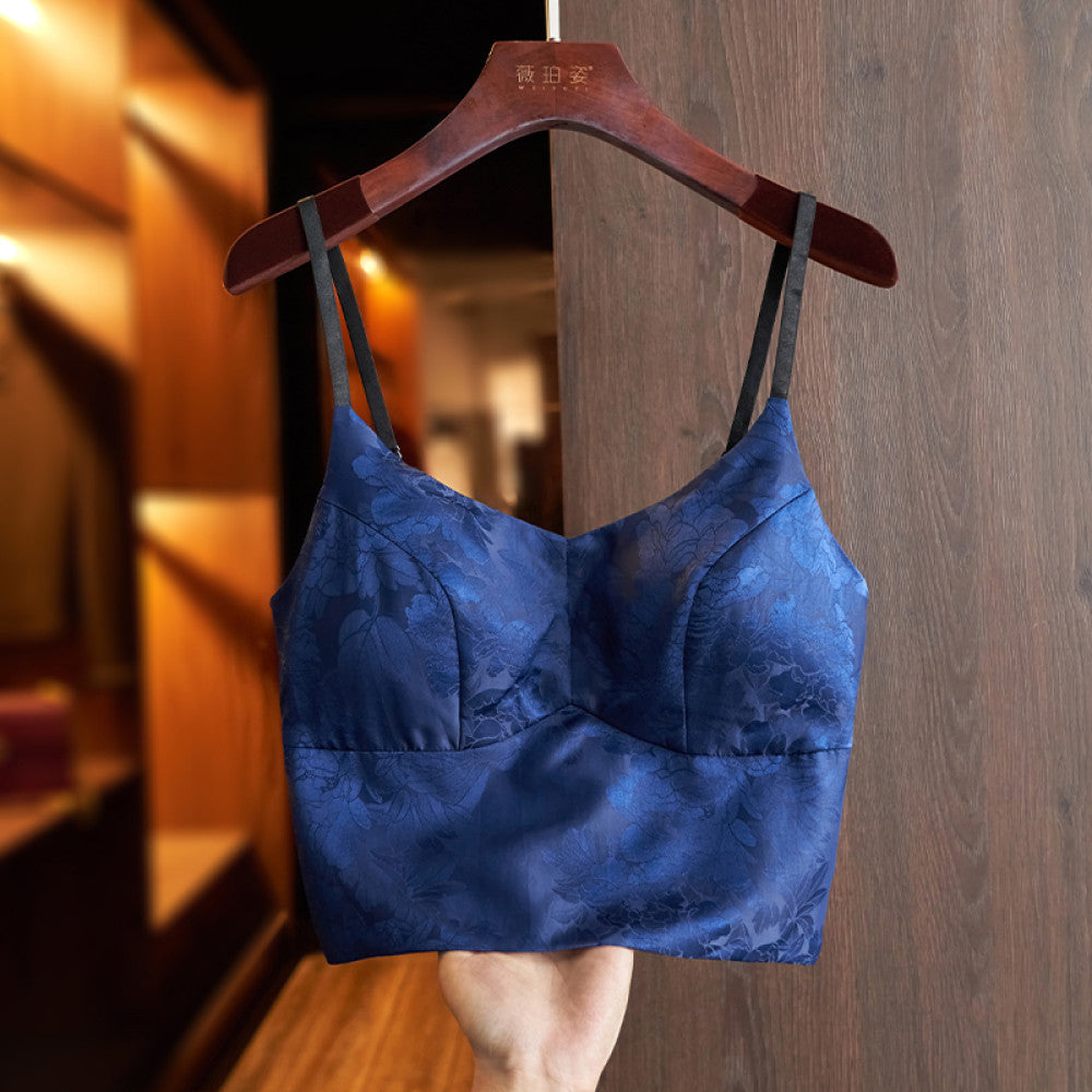 Green high end silk camisole vest 2024 new women s belt chest cushion with retro jacquard chic short top image 20