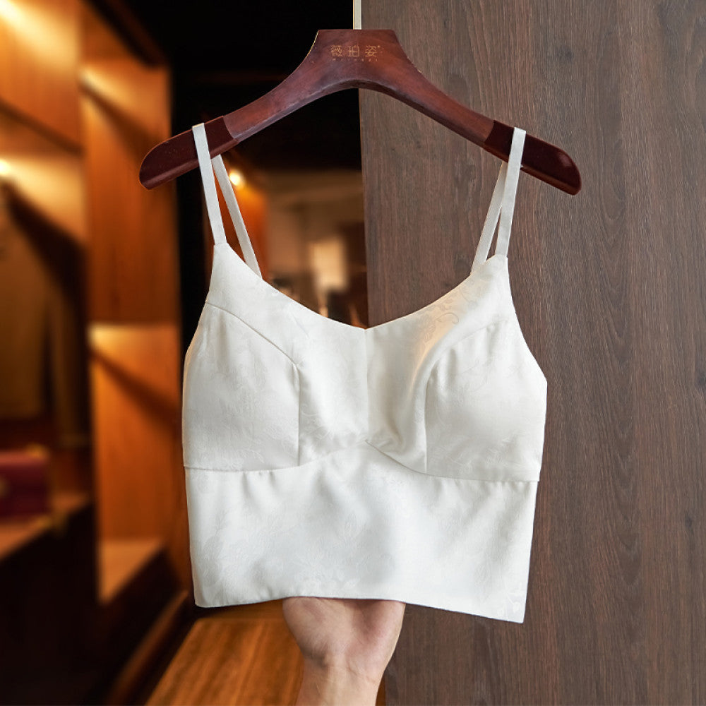 Green high end silk camisole vest 2024 new women s belt chest cushion with retro jacquard chic short top image 26