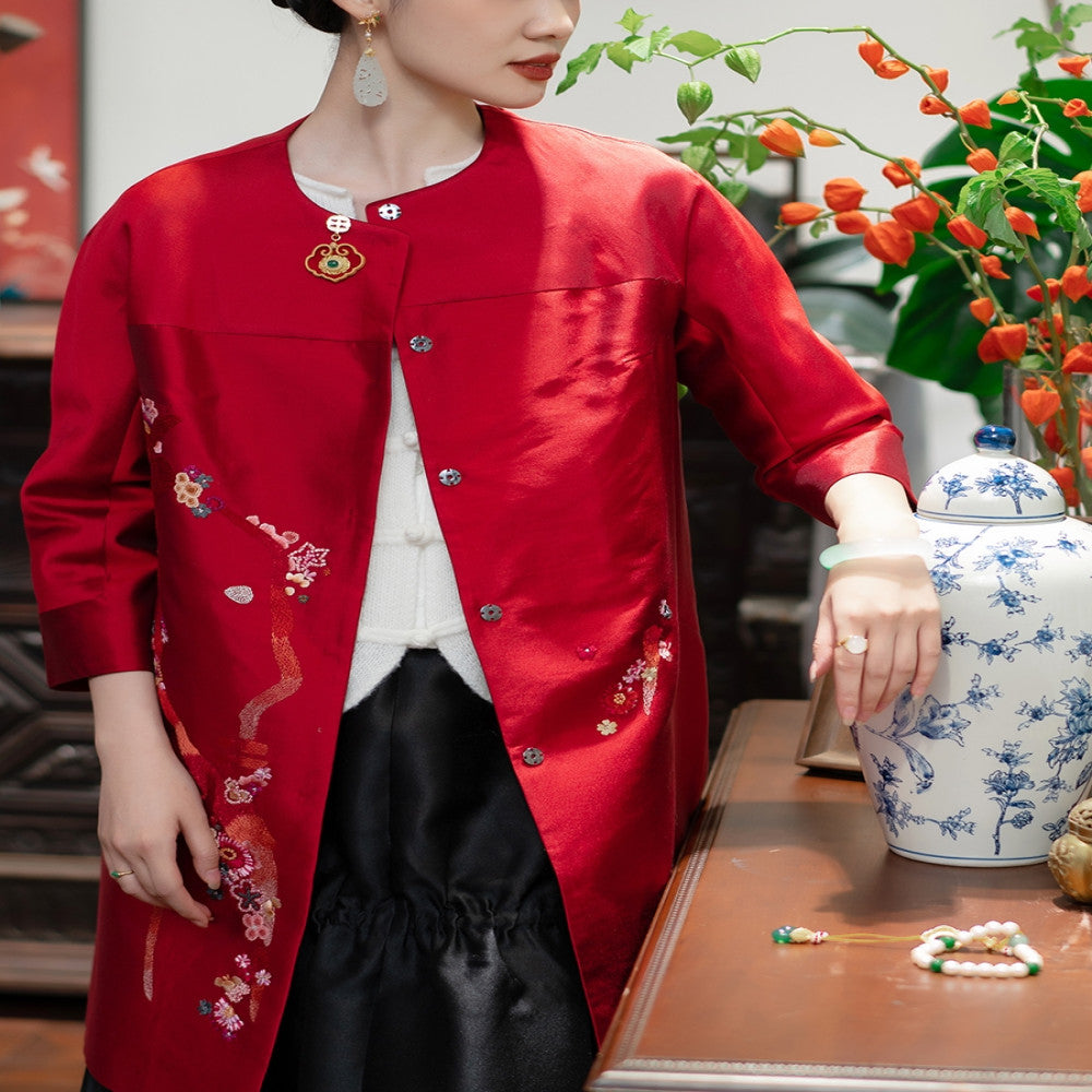 Good reputation JCL1439 New Year s series Silk and wool handmade embroidery retro Chinese style small shirt top coat image 4