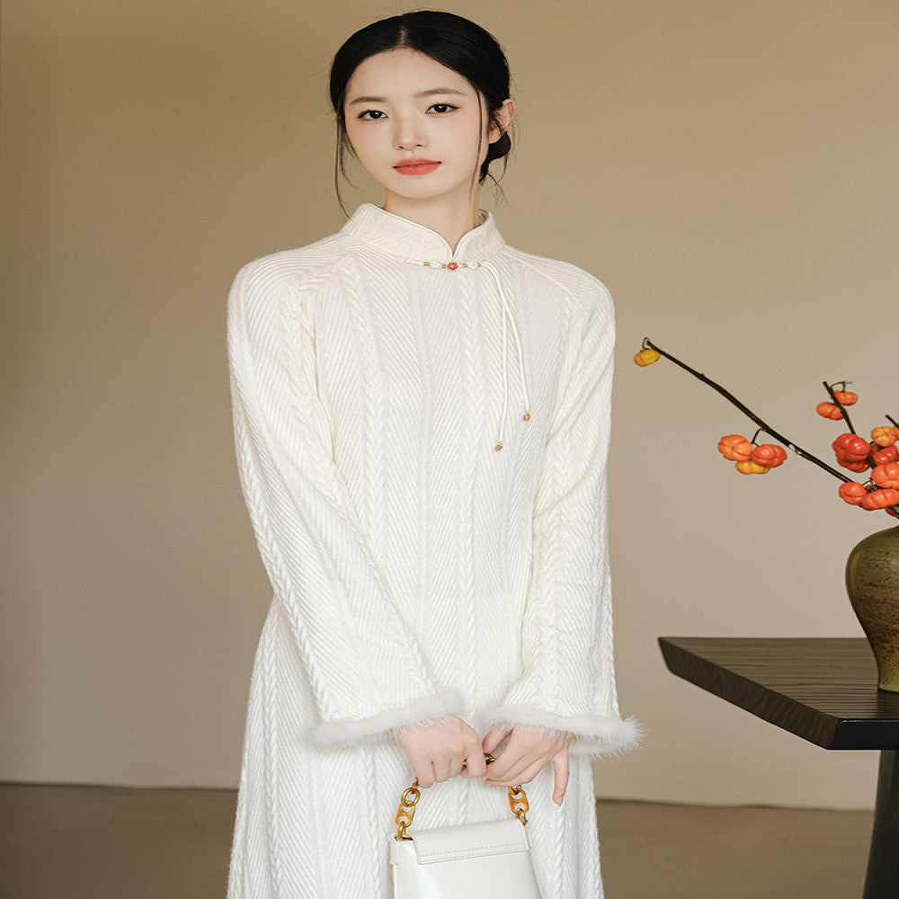 Mountain Colored New Chinese Knitted Dress Winter New Style Rice White Elegant Temperament Improved Cheongsam Young Style image 0