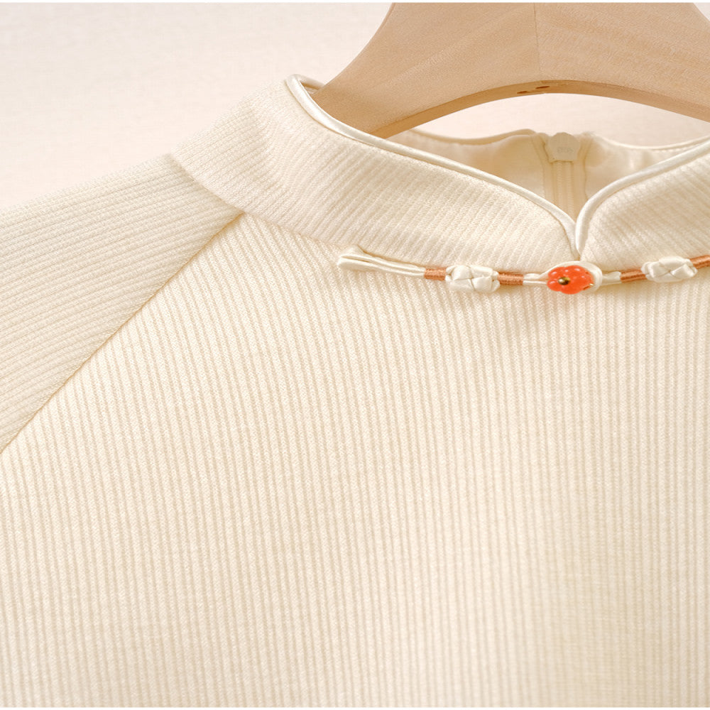 Mountain Colored New Chinese Knitted Dress Winter New Style Rice White Elegant Temperament Improved Cheongsam Young Style image 14
