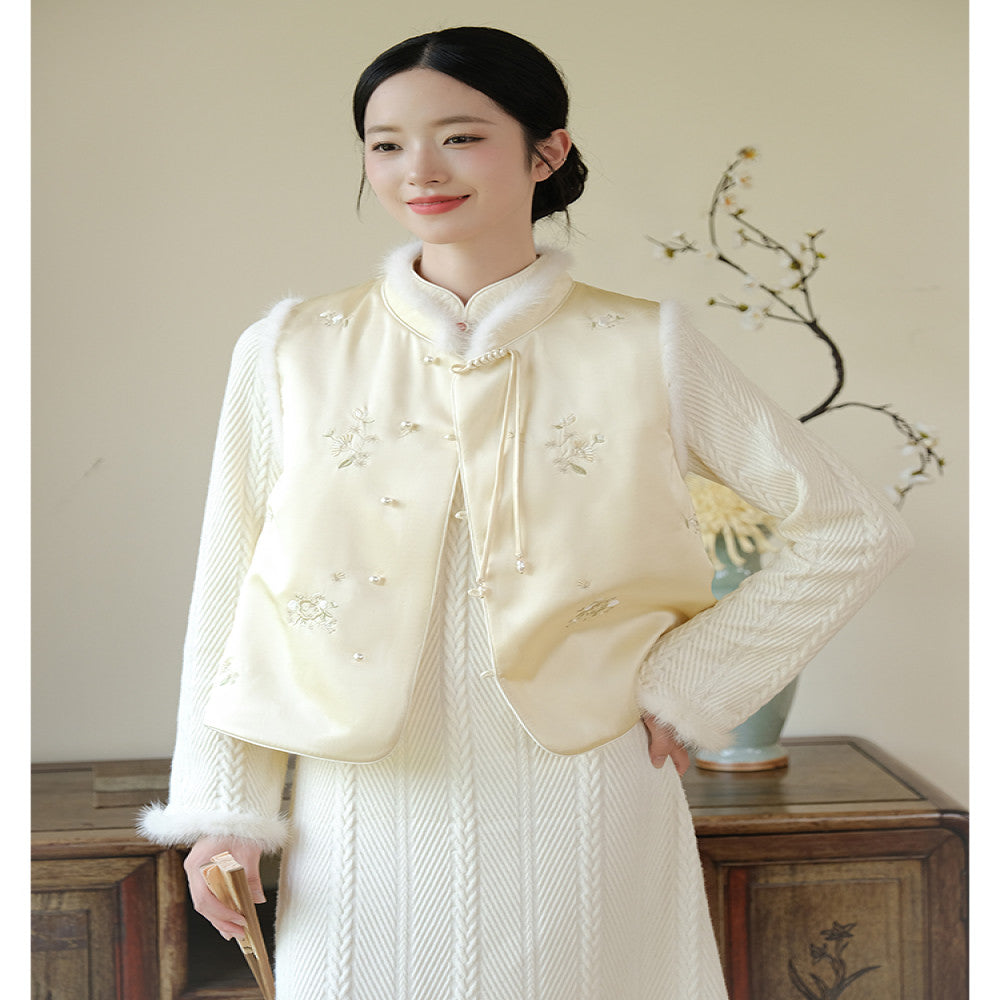 Mountain Colored New Chinese Knitted Dress Winter New Style Rice White Elegant Temperament Improved Cheongsam Young Style image 24
