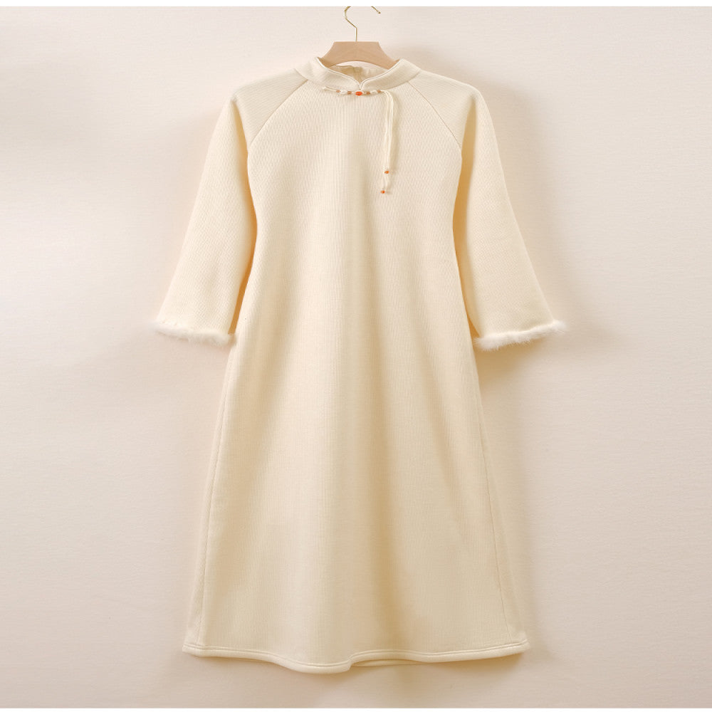 Mountain Colored New Chinese Knitted Dress Winter New Style Rice White Elegant Temperament Improved Cheongsam Young Style image 34