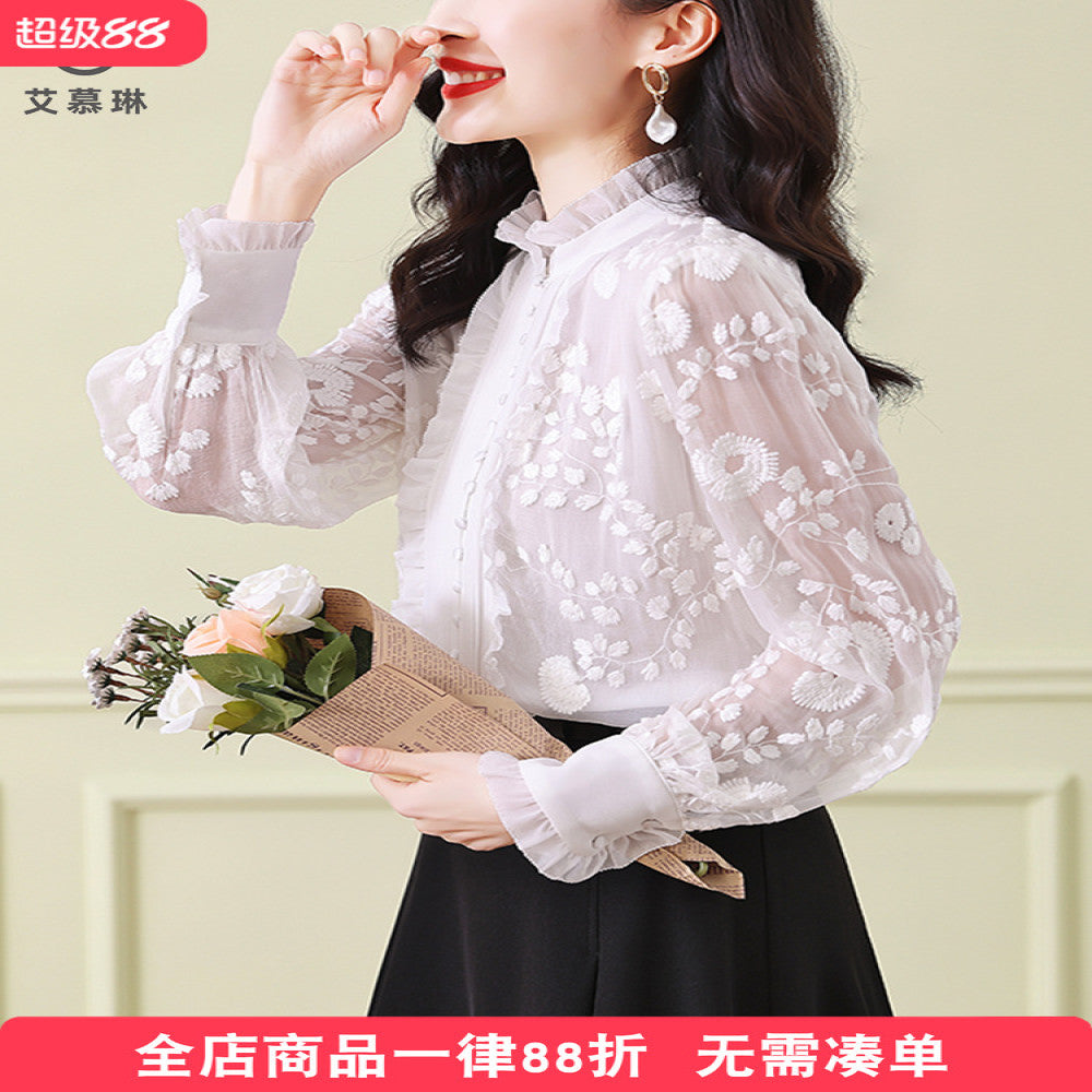Big brand silk tops 2025 autumn and winter new women s white lace collar long sleeves heavy embroidery mulberry silk blouse image 19