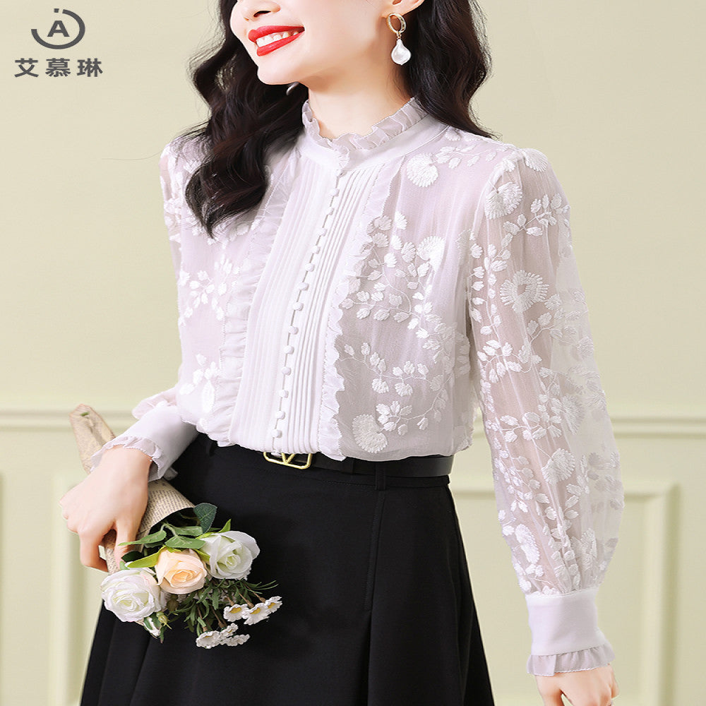Big brand silk tops 2025 autumn and winter new women s white lace collar long sleeves heavy embroidery mulberry silk blouse image 20