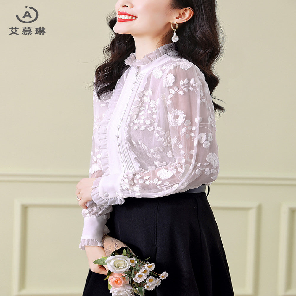 Big brand silk tops 2025 autumn and winter new women s white lace collar long sleeves heavy embroidery mulberry silk blouse image 21