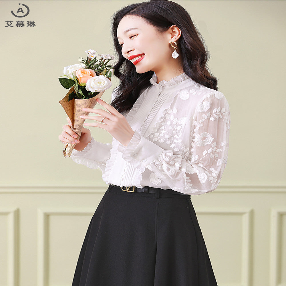 Big brand silk tops 2025 autumn and winter new women s white lace collar long sleeves heavy embroidery mulberry silk blouse image 22