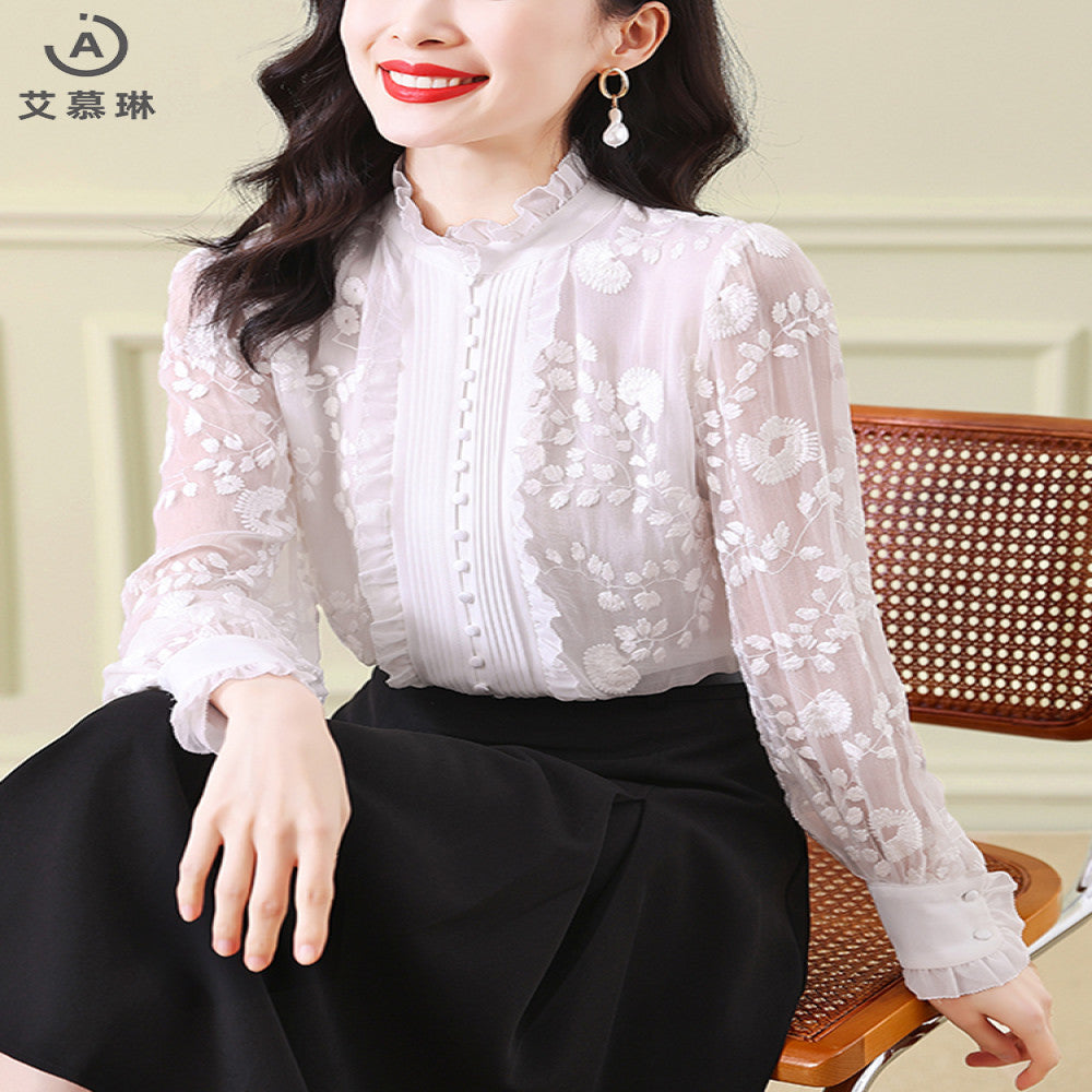 Big brand silk tops 2025 autumn and winter new women s white lace collar long sleeves heavy embroidery mulberry silk blouse image 23