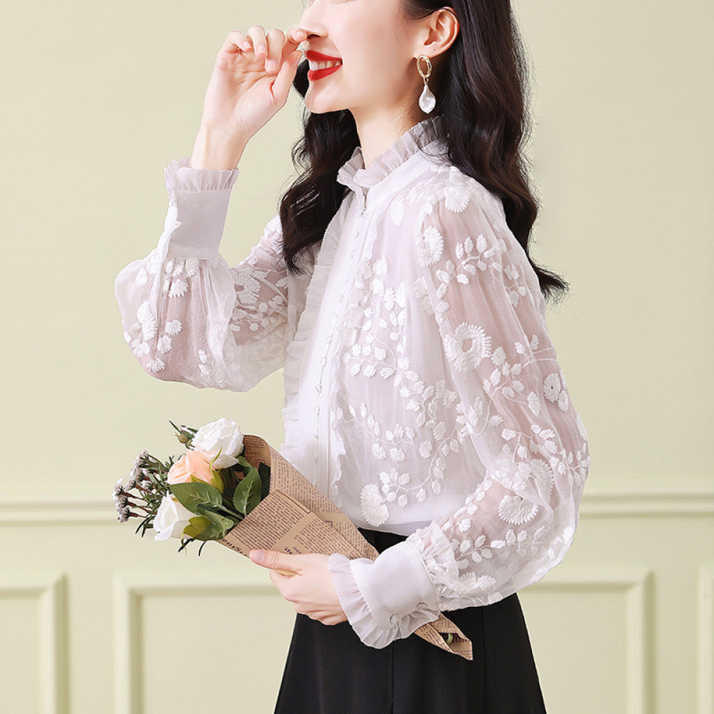 Big brand silk tops 2025 autumn and winter new women s white lace collar long sleeves heavy embroidery mulberry silk blouse image 31