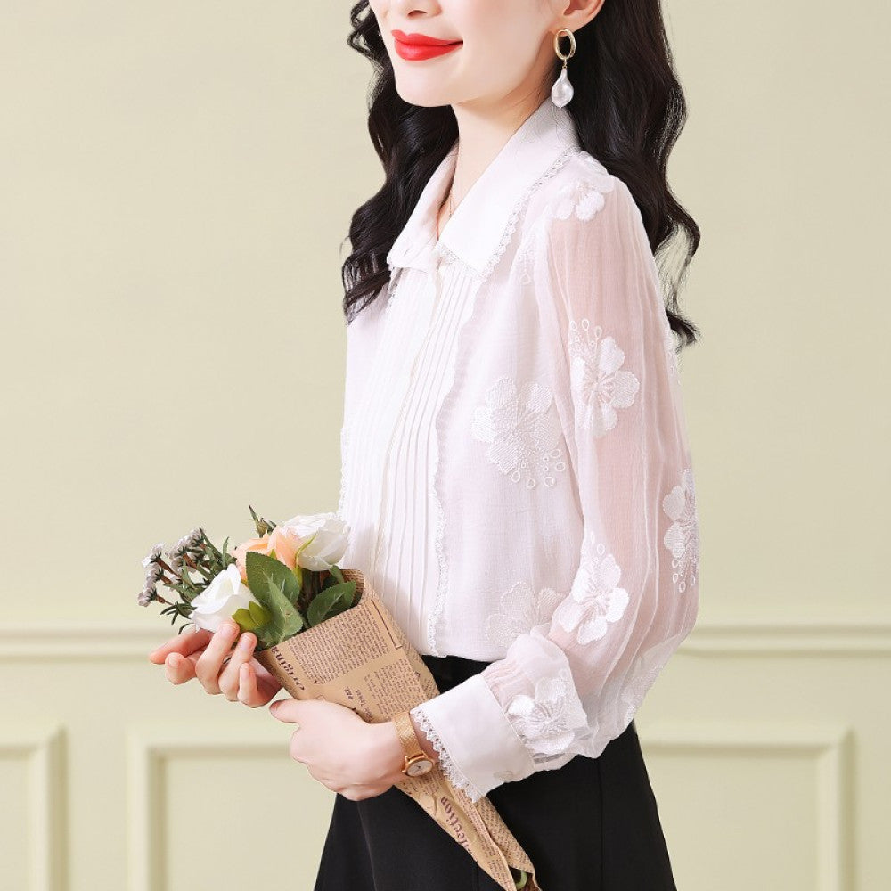 Big brand silk tops 2025 autumn and winter new women s white lace collar long sleeves heavy embroidery mulberry silk blouse image 49