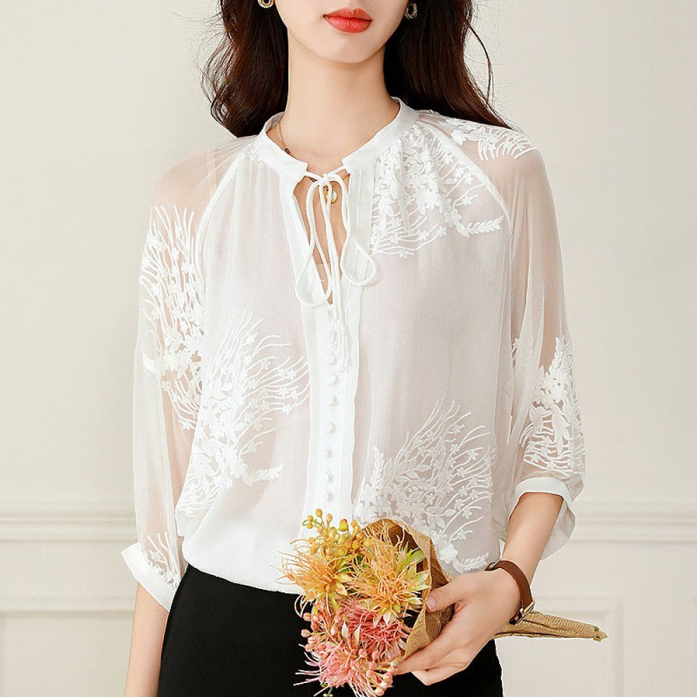 Big brand silk tops 2025 autumn and winter new women s white lace collar long sleeves heavy embroidery mulberry silk blouse image 70
