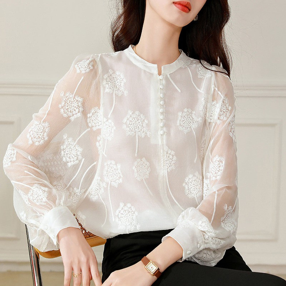 Big brand silk tops 2025 autumn and winter new women s white lace collar long sleeves heavy embroidery mulberry silk blouse image 78