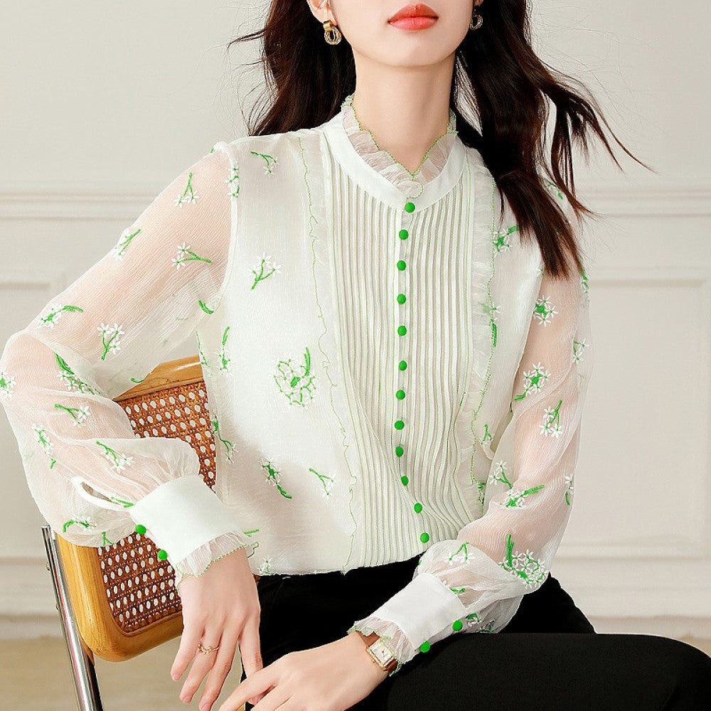 Big brand silk tops 2025 autumn and winter new women s white lace collar long sleeves heavy embroidery mulberry silk blouse image 100