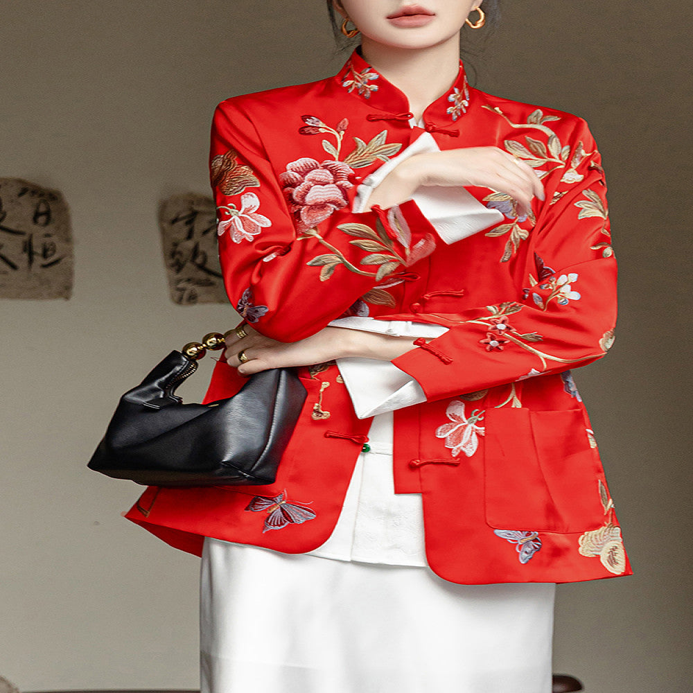 Red high end new Chinese style buckle acetate jacket women s long sleeved spring and autumn clothing with heavy embroidery and improved Chinese style top image 1