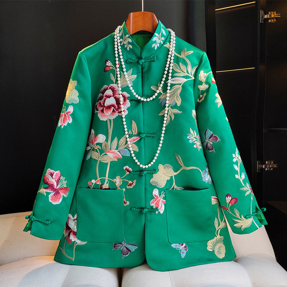Red high end new Chinese style buckle acetate jacket women s long sleeved spring and autumn clothing with heavy embroidery and improved Chinese style top image 6