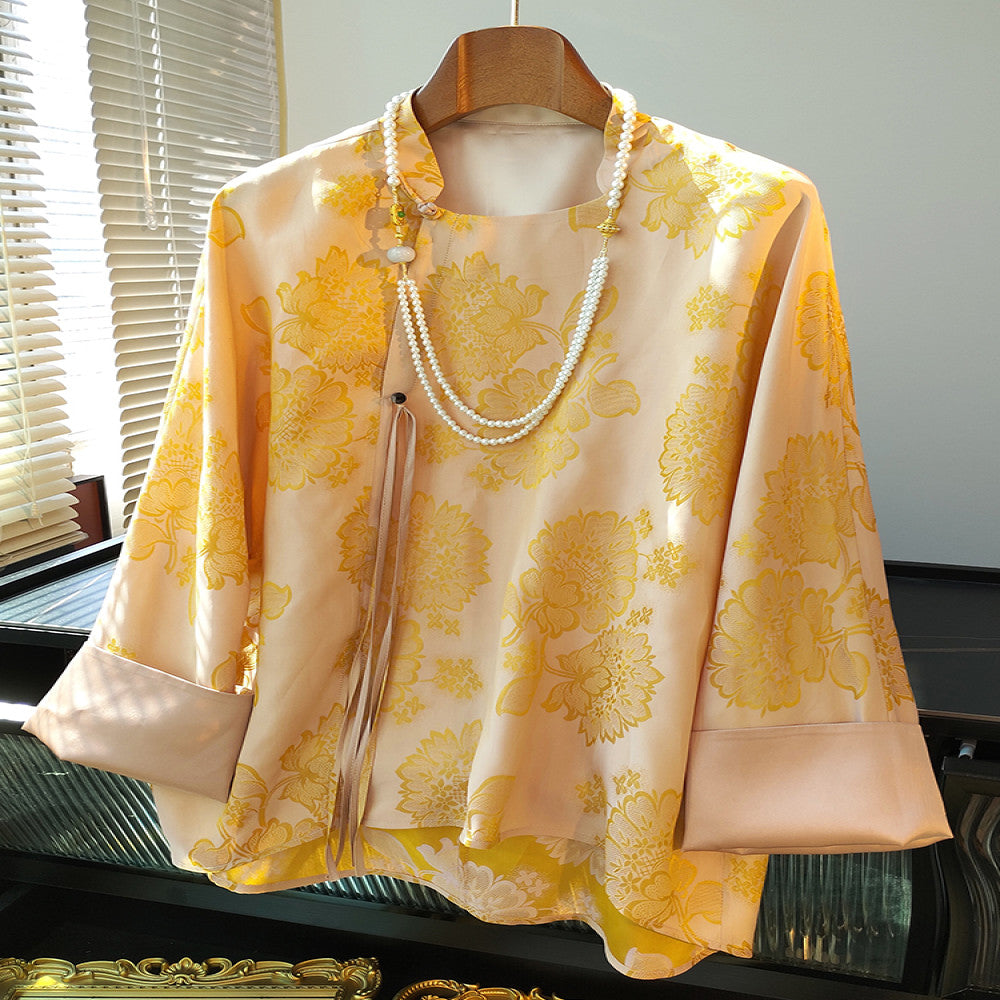 Yellow modified new Chinese style mulberry silk shirt with women s design sense Ni Ni s same retro button long sleeved silk top image 1